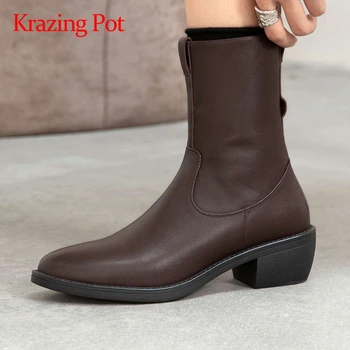 

Krazing pot natural leather round toe high heel zipper short boots simple style classic black young lady casual ankle boots L25