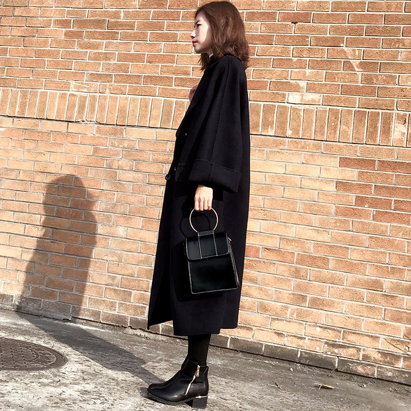 Vintage long double breasted Winter Coat Women Elegant black loose woolen coats modis new arrival jacket Plus size