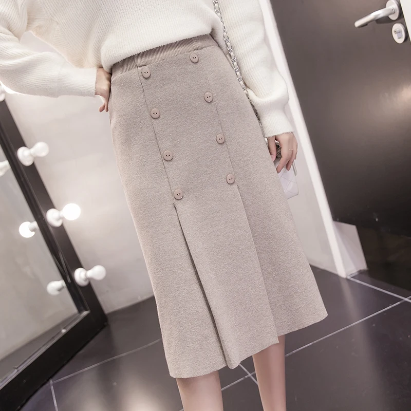 High Waist Stretch Knitted Skirt Women Elegant Double breasted Straight Long Skirts Female Autumn Winter Vintage Pleated Skirt