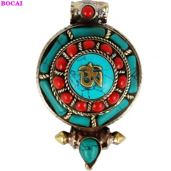 

BOCAI Tibet Kwu Box Pendant new pure copper green natural stone auspicious knot buzzword oval Buddhism pendant for men and women