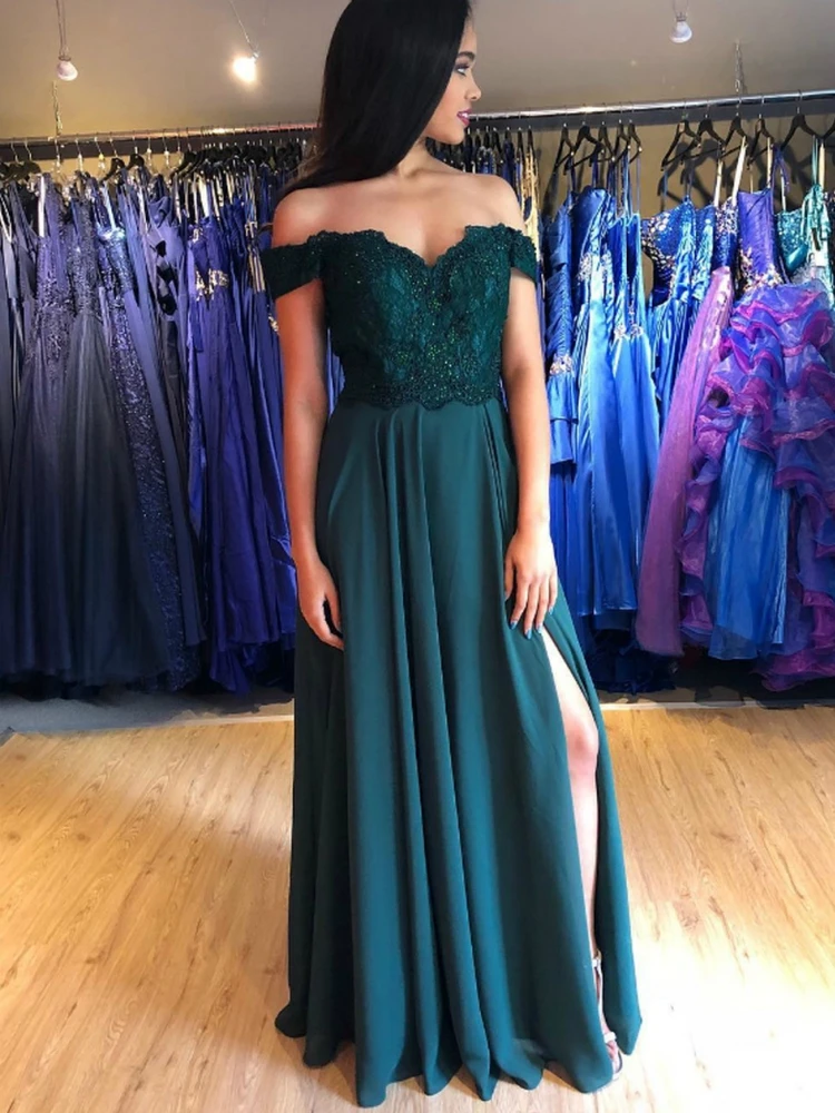 VKbridal ТРАПЕЦИЕВИДНОЕ зеленое шелковое платье с открытыми плечами аппликация вечернее платье с боковыми Разделение Соблазнительная официальная обувь для выпускного вечера вечерние платья