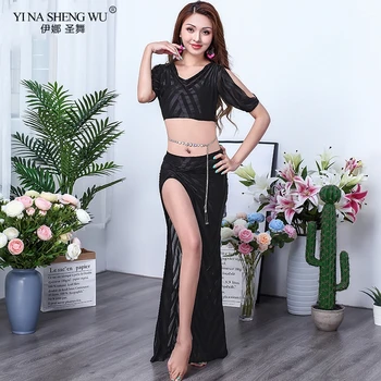 

New Belly Dance Costume Practice Set 2pcs Sexy Top Long Split Skirt Bellydance Oriental Dancing Performance Clothwear For Women