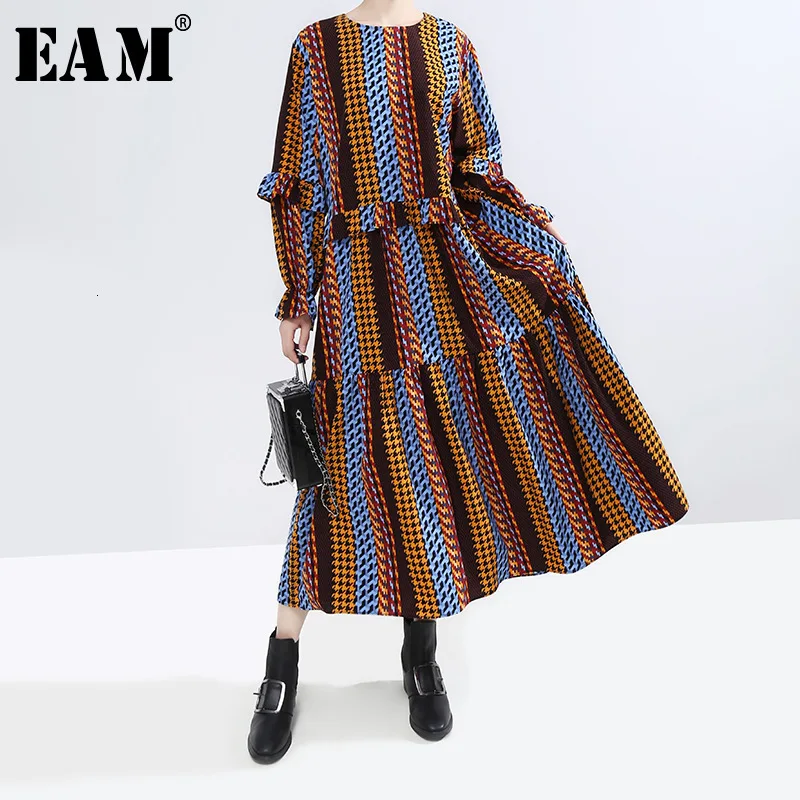 

[EAM] Women Striepd Split Joint Bandage Temperament Dress New Round Neck Long Sleeve Loose Fit Fashion Spring Autumn 2020 1H875