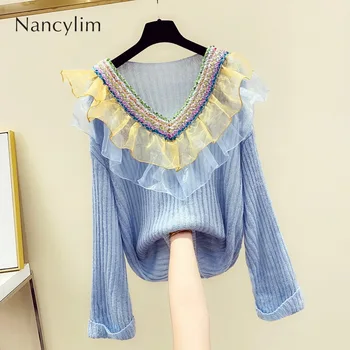 

New Sequined V-neck Sweater Autumn and Winter Womens Pullover Kintting Coat Girls Student Loose Sweater Jumper Femme Pull