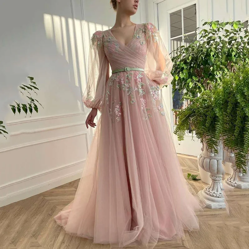 Pink Vintage Long Prom Dresses 2021 Lace Sequined Puff Sleeve Women Formal Evening Gowns Green Belt Robe de Soriee pretty prom dresses Prom Dresses