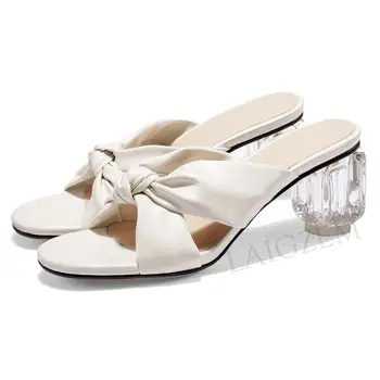 

LAIGZEM Genuine Leather 6CM Slides Women Heels Summer Vacation Clear Heels Sandals Mules Shoes Woman Girls Size 38 39 43