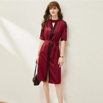 

Designer Runway Sexy Lace Stitching Split Fork Short Sleeve Belt Elegant Black Mid-Length Dress New High-Quality Women'S