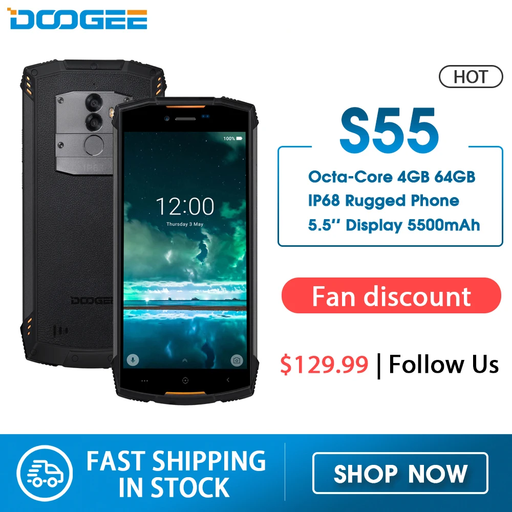 Смартфон IP68 DOOGEE S55 ОЗУ 4 Гб ПЗУ 64 водонепроницаемый двухсимочный телефон 5500 мАч