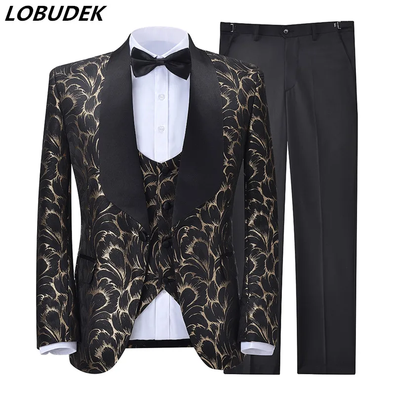Korean Style Men's Formal Suit 3 Piece Set Fashion Slim Fit Printed