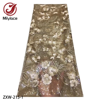 

New Nigerian Lace Fabric Multi-colorful Shiny Sequins Tulle Lace Fabric 5 Yards Flower Embroidered Net Lace for Party ZXW-215