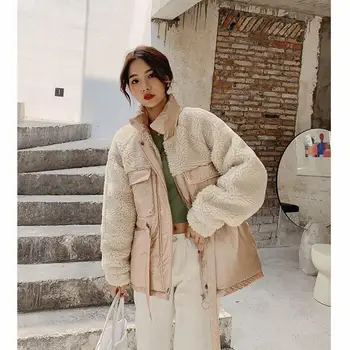 

Women's Cotton Padded Jacket Pockets Loose Pink Patchwork Warm Parkas Casual Overcoat
