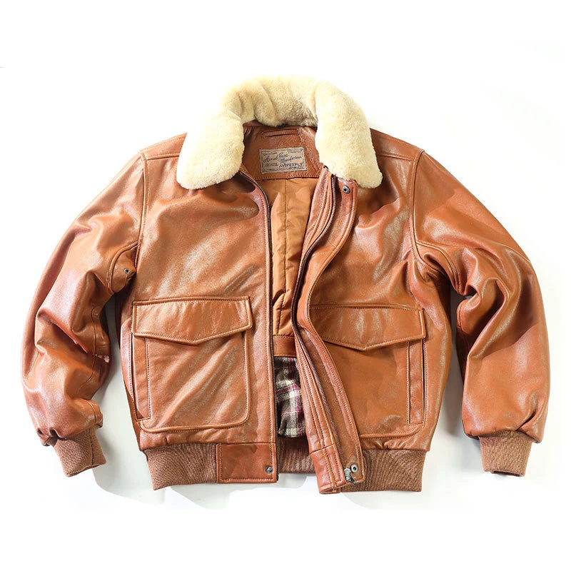 

fur collar genuine leather jacket men winter dark brown sheepskin coat pilot bomber jacket