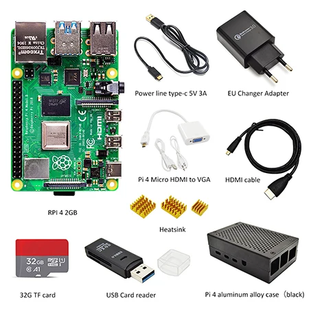 Raspberry Pi 4 Модель B 2 Гб ОЗУ Полный комплект: чехол+ адаптер питания ЕС+ линия переключения+ 32 ГБ tf-карта+ адаптер Micro hdmi-vga - Комплект: C116