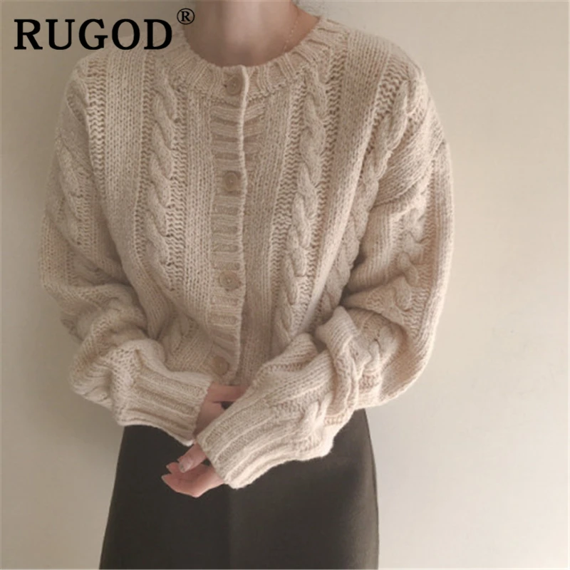 RUGOD, элегантный вязаный женский кардиган, корейский стиль, круглый воротник, витая женская вязаная одежда, винтажная однотонная Повседневная Студенческая верхняя одежда