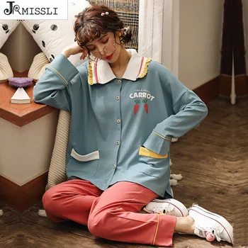 

JRMISSLI Cotton Turn Down Collar Pajamas Set Women Homewear Full Length Pants Sof Female Pijama For female