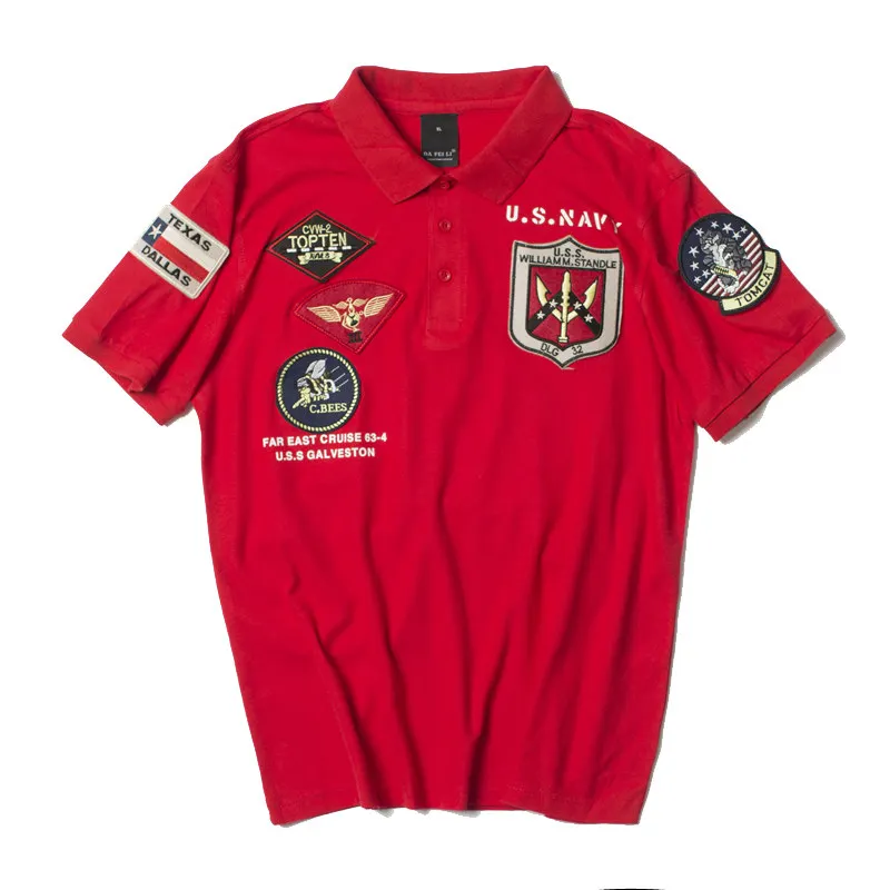 Красный 2019ss винтажный Американский темно-синий топ, рубашка поло, Мужская одежда, брендовая летняя вышивка, короткий рукав, военная сила, один топ, пистолет, армия - Цвет: Красный