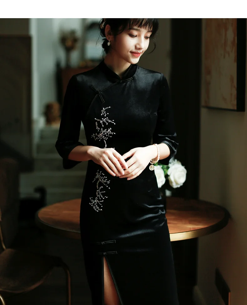 ROJAY, китайское модное женское платье Cheongsam с высоким разрезом, облегающее платье, винтажное бархатное платье, Осень-зима, для молодых, стоячий воротник, черное