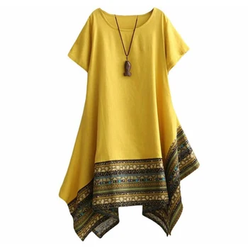 

2019 Summer Loose Literary Plus Size Women Cotton And Linen Stitching Short Sleeve Irregular Thin National Style Dress