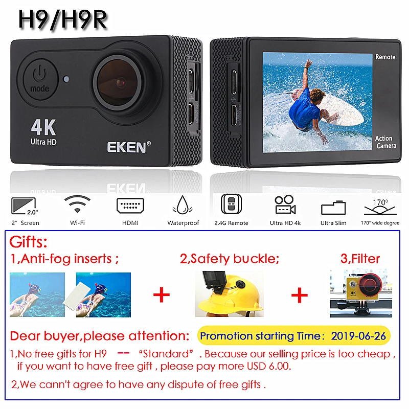 Экшн-камера eken H9R/H9 Ultra HD 4 K/30fps WiFi 2," 170D Водонепроницаемая камера для подводной съемки на шлеме Спортивная камера s