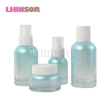 

5Pcs/Lot Empty Blue Transparent Gradient Glass Press Pump Spray Lotion Bottles Cream Jars Cosmetic Packaging Containers