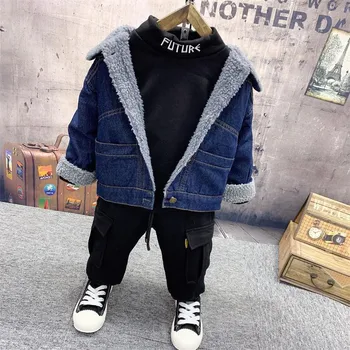 

2 3 4 5 6 Years Boys Sets Thicken Denim Jacket Plus Velvet Black Long-sleeved Shirt Casual Pants Kids Tracksuit Baby Sport Suit