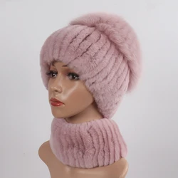 Women Winter Luxury Real Rex Rabbit Fur Hat Scarf 2 Pieces Knitted Rex Rabbit Fur Hat Top Natural Fox Fur Cap ScarvesCloth Mask