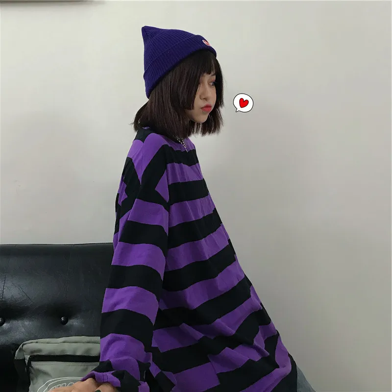Woherb Harajuku толстовки женские винтажные фиолетовые полосатые толстовки осенние корейские свободные рубашки с длинными рукавами Готическая уличная