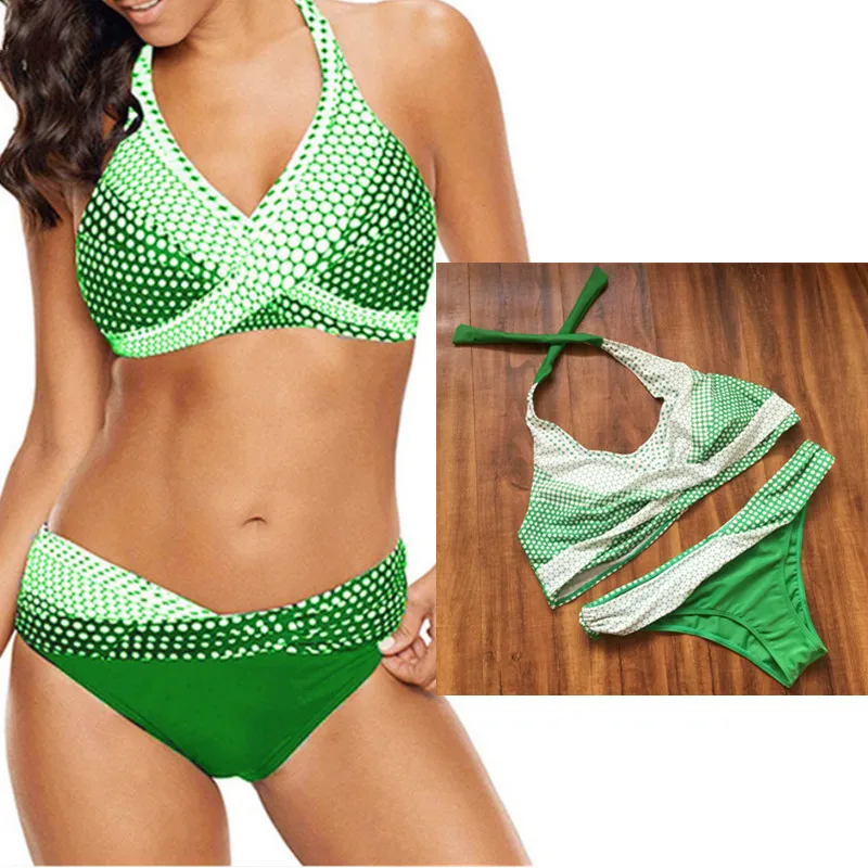 Бикини большого размера s, набор размера плюс, бикини, два предмета, купальник в горошек, одежда для плавания для женщин,, бандаж, танкини, бикини 3XL - Цвет: green
