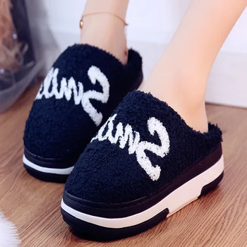 

Winter women's home slippers fashion letters plush wedges with cotton slippers comfortable warm slippers large size 10 41