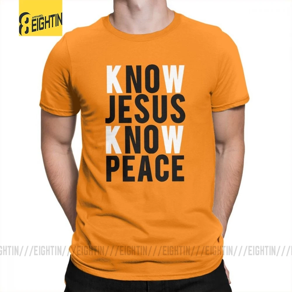 Футболки с надписью «Know Jesus Know Peace Christian», Мужская мягкая футболка с круглым вырезом, хлопок, брендовая футболка с коротким рукавом размера плюс, специальное предложение - Цвет: Оранжевый