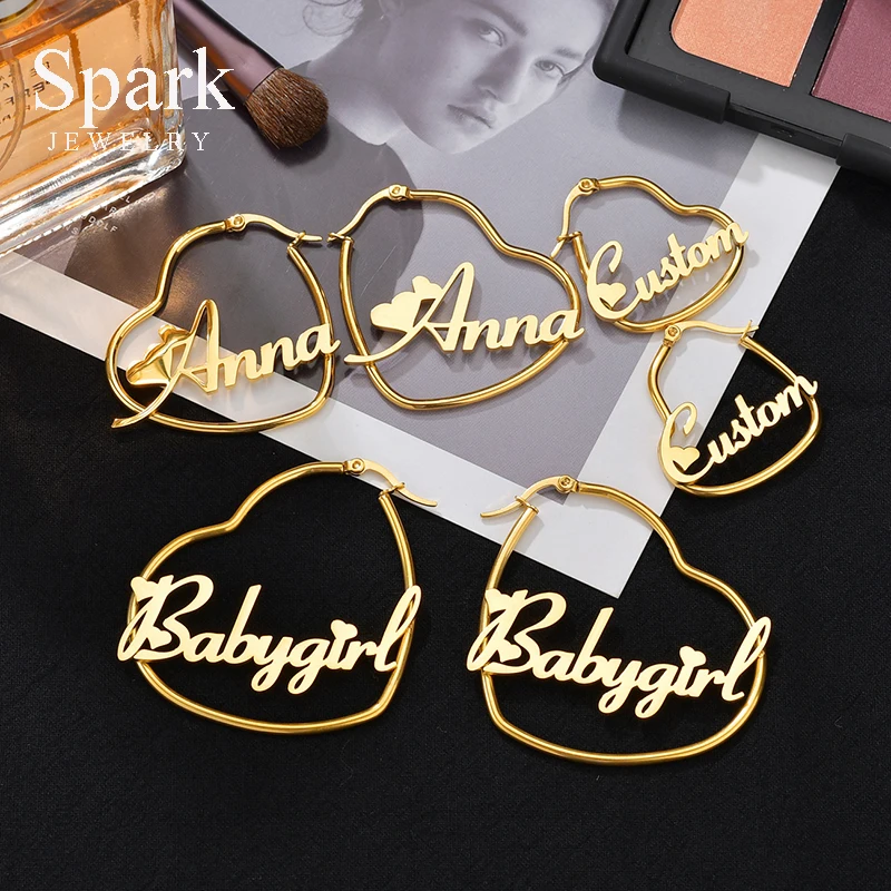 

Spark 1 Pair Stainless Steel Custom Name Hoop Earrings Women Girls Personalized Handmade Heart Earrings Wedding Jewelry Gift
