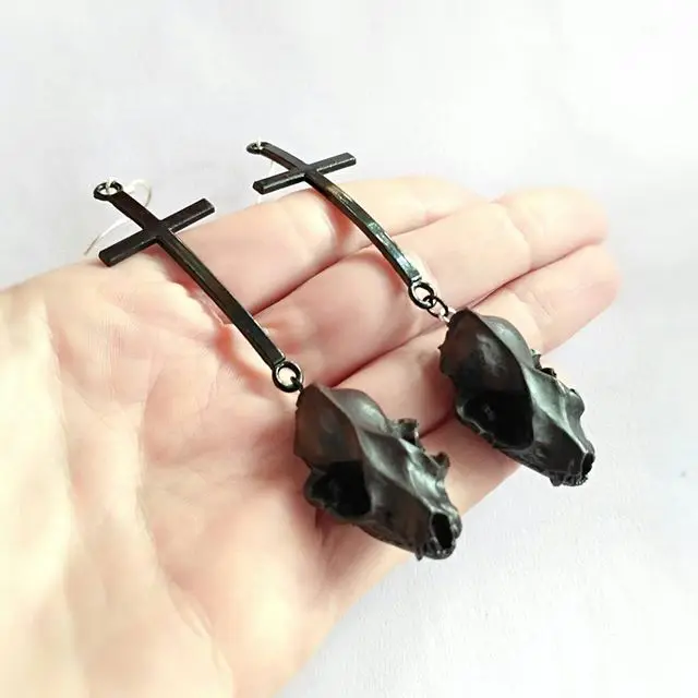 Animal Skull Inverted Cross Earrings, Satanic Earrings, Gothic Earrings, Skull Earrings, Vampire Earrings, Witch Earrings