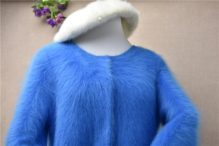 Элегантный женский синий свободный свитер с круглым вырезом и длинным рукавом, шерсть, норка, кашемир, мех ангоры, кролик, вязаный свитер, пальто, кардиган, куртка