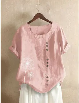 

Women Summer Cotton Linen Short Sleeve Shirt Ladies Loose Casual Blouse Top with Button O Neck Pink Purple Green Blue