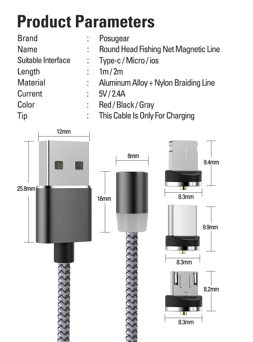 Магнитный кабель Posugear, 1 м, 2 м, Micro usb type C, быстрая зарядка, Microusb type-C, Магнитный зарядный провод, usb c для iphone11 pro X Xs Xr