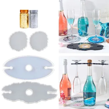 

5Pcs Handmade Wine Glass Rock Epoxy Resin Mold DIY Bottle Shelf Storage Coaster Resin Casting Tray Mould Tools Kit Art Craft