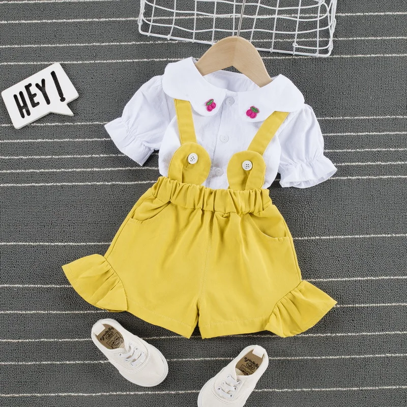 

Fashion Summer Baby Girl Clothes Set Girl Princess Clothes Lapel Cherry Print Top Cotton Strap Shorts 2 Piece Set