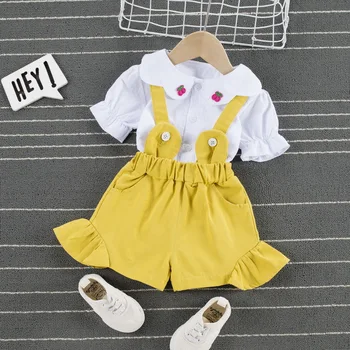 

Fashion Summer Baby Girl Clothes Set Girl Princess Clothes Lapel Cherry Print Top Cotton Strap Shorts 2 Piece Set