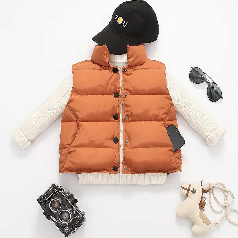 Детское зимнее пальто повседневная однотонная детская пуховая куртка пальто на утином пуху короткие парки с капюшоном и принтом из фольги для мальчиков и девочек, От 3 до 8 лет - Цвет: Caramel Vest