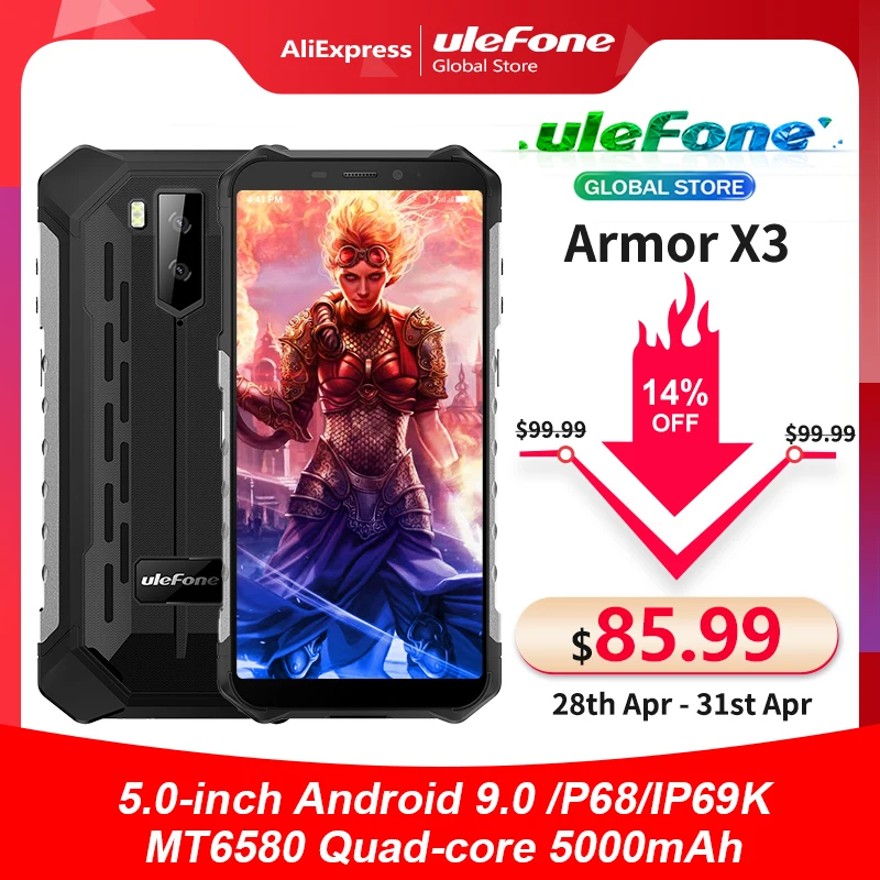 Tasa de descuento Ulefone armadura X3 5,5 "HD IP68 impermeable teléfono inteligente 2GB 32GB Android 9,0 Quad Core identificación facial desbloquear 3G teléfono móvil 5000mAh Dqn8n01V