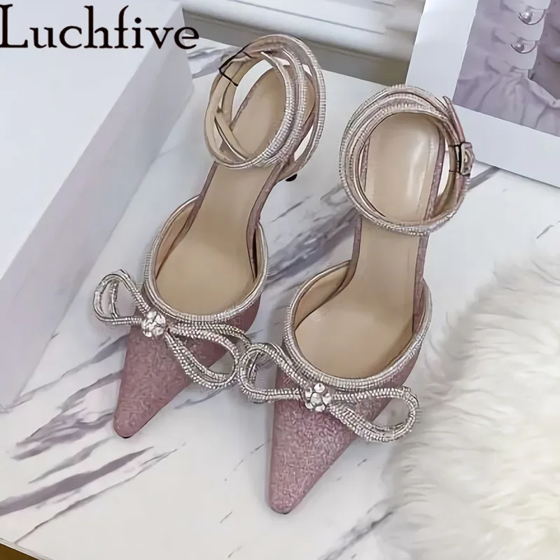 

Luxury Crystal Bowtie Sandals Pointy Toe Shoes Woman Ankle Buckle Strap Party Shoes Pink Black High Heels Sapatos Feminina