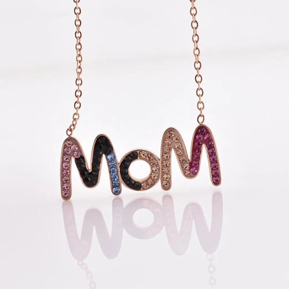 Stainless Steel Rose Gold Mother Days MOM Pendant Necklace Crystal Cz Stone Mom Minimalism Necklaces For Him | Украшения и