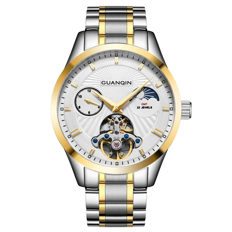GUANQIN GJ16105 часы мужские люксовый бренд Tourbillon Moon Phase relogios masculino Скелет Мужские автоматические механические часы - Цвет: white gold