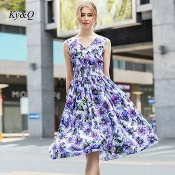 

Boho Summer Women Beach Party Sexy Midi Dress 2020 Purple Flower Pattern Cotton V-neck High Waist Slim Luxury Elegant Dress