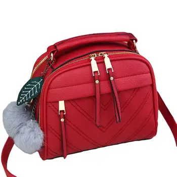 

Women Bag Solid Color Plush Ball Leaf Pendant Zip Shoulder Crossbody Bag Multi-layer Handbag