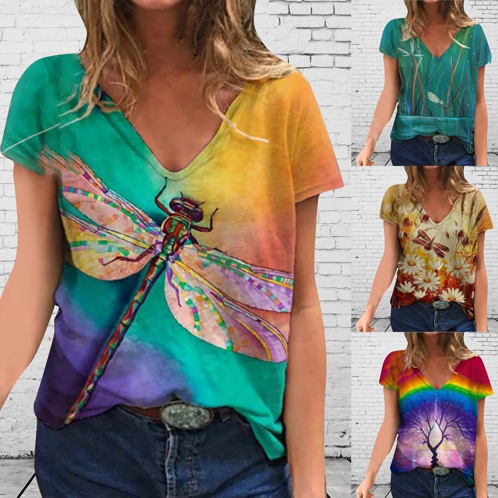 Woman T shirts Plus Size Women Short Sleeve Dragonfly Printed V-Neck Tops Tee T Shirt 
