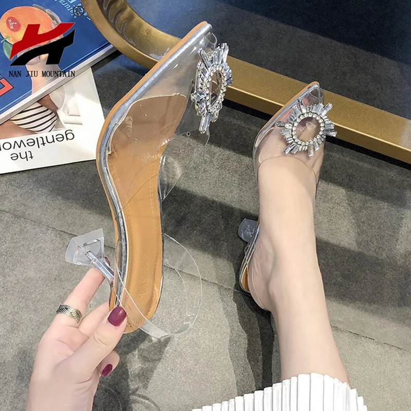 NAN JIU/обувь с прозрачными стразами; женская обувь на высоком каблуке; Летние босоножки с острым носком на каблуке из винного стекла; ремешок сзади