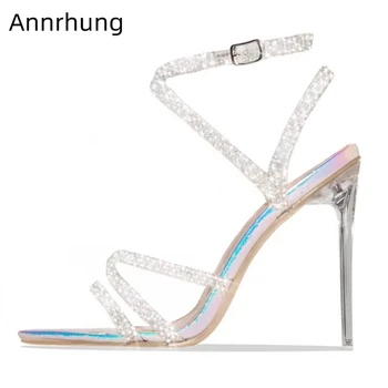 

Sexy Narrow Band Sandals Women Crystal Clear High Heels Rhinestone Studded PVC Band Sandalias Pointed Toe Gladiator Shoes Woman