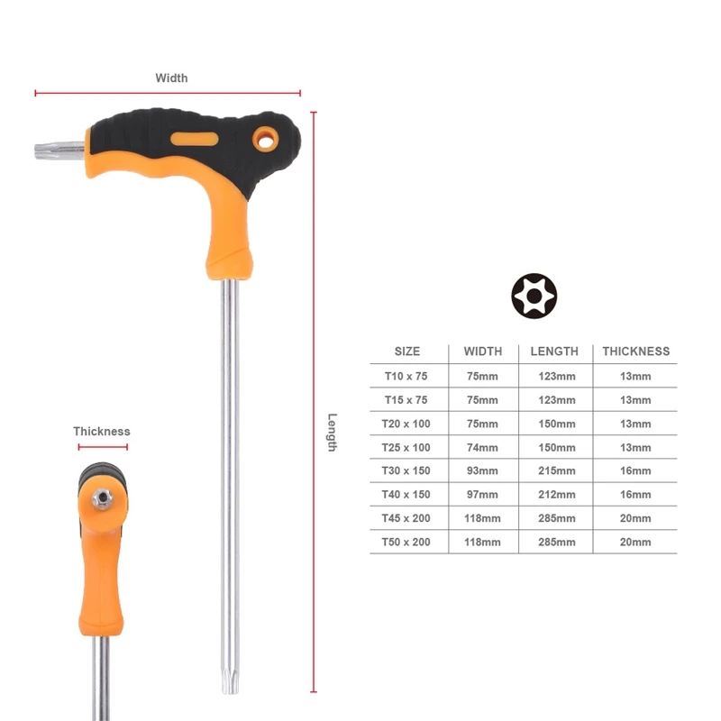 8 Pieces T-Handle Torx Key Wrench Torx End Key Wrench Spanner Hand Tool Set 10mm-50mm for Auto Bike Motorcycle Repair