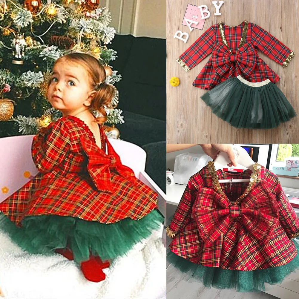 Новогоднее платье принцессы для маленьких девочек, милое рождественское клетчатое платье для маленьких девочек Рождественская одежда с блестками, комплект из 2 предметов с бантом и открытой спиной